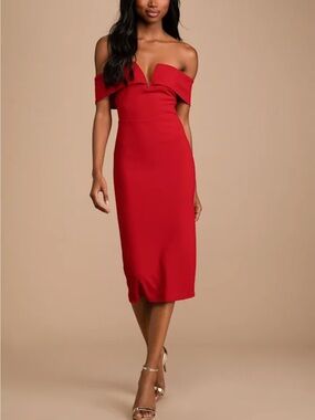 Off-Shoulder Red Cocktail Midi Dress